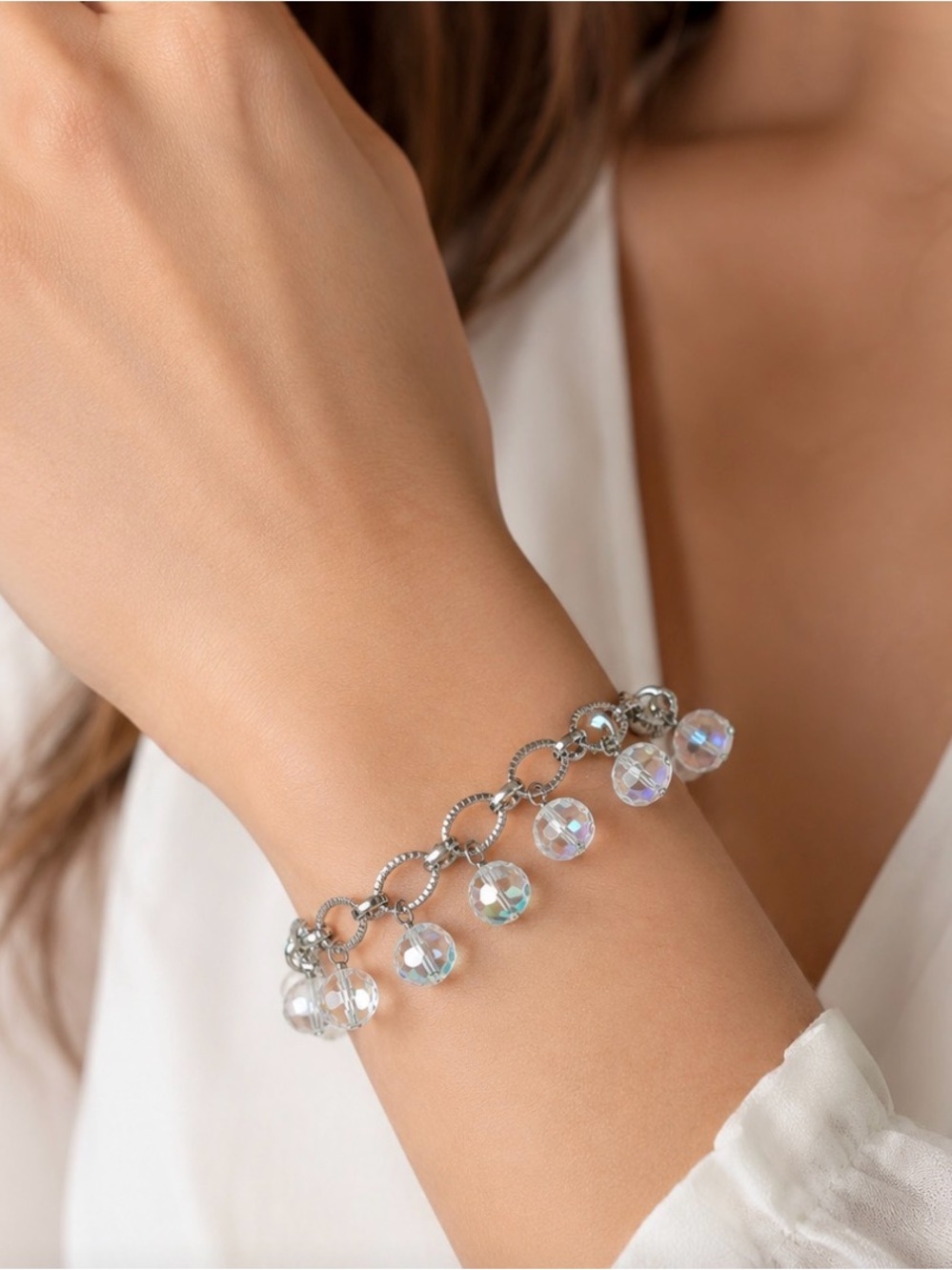 Swarovski Clear AB Crystal Bead Dangle Link Bracelet – Swan Signed 🦢